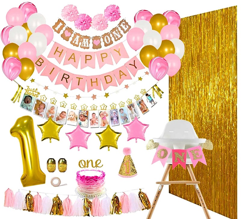 ReignDropBaby 1st Birthday Girl Decorations and Party Supplies 139 Pcs - First Birthday Banners, Balloons, 12 Months Milestones - Image 1